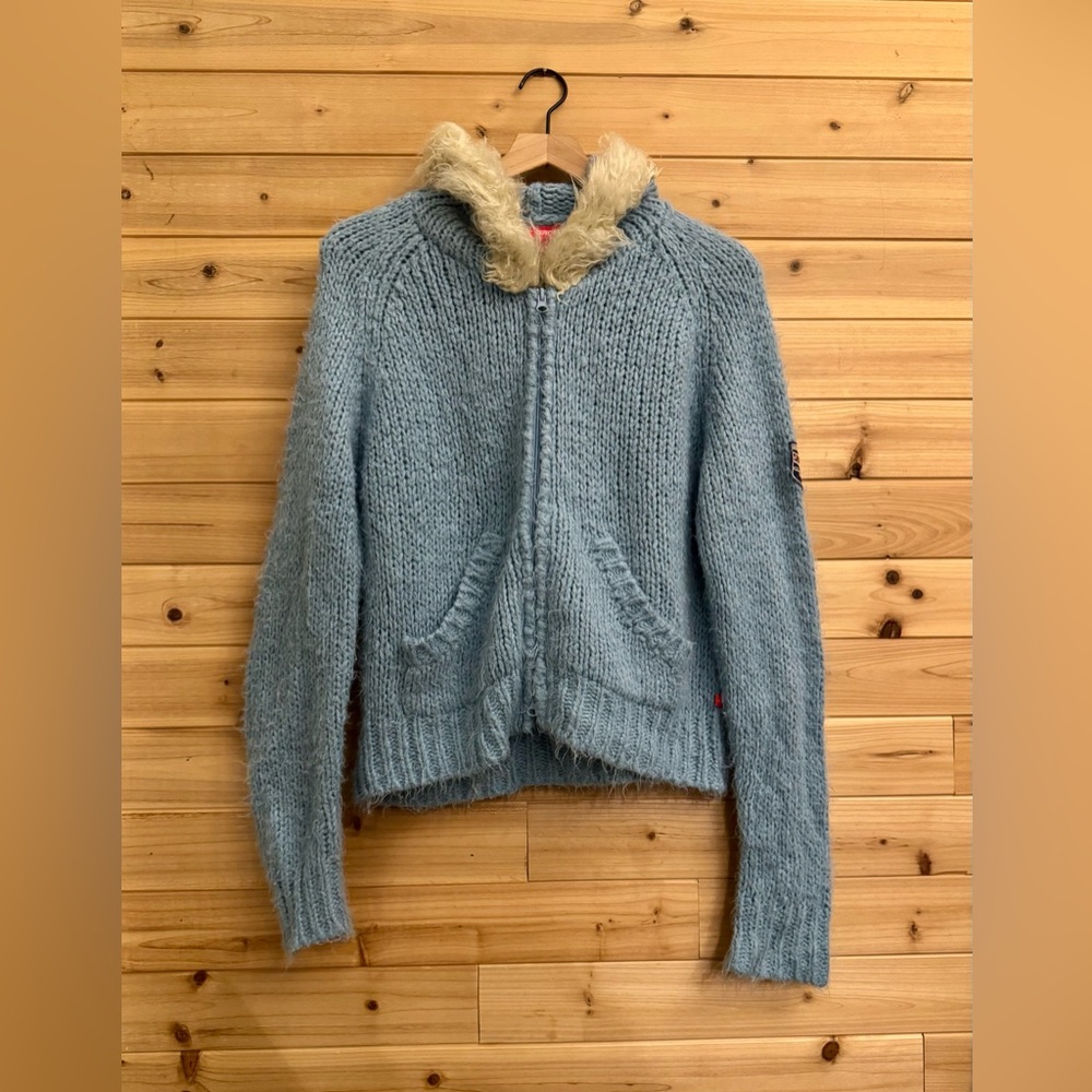 Y2K Vintage Groggy Medium Fuzzy Full Zip Knit Hoodie Faux Fur Hood Streetwear